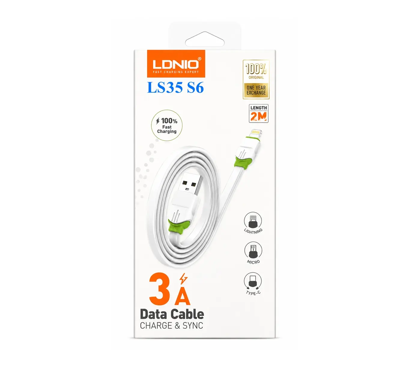 3000045 Cable USB-A A Micro-USB 2M 3A Blanco LS35 S6 - Image 1
